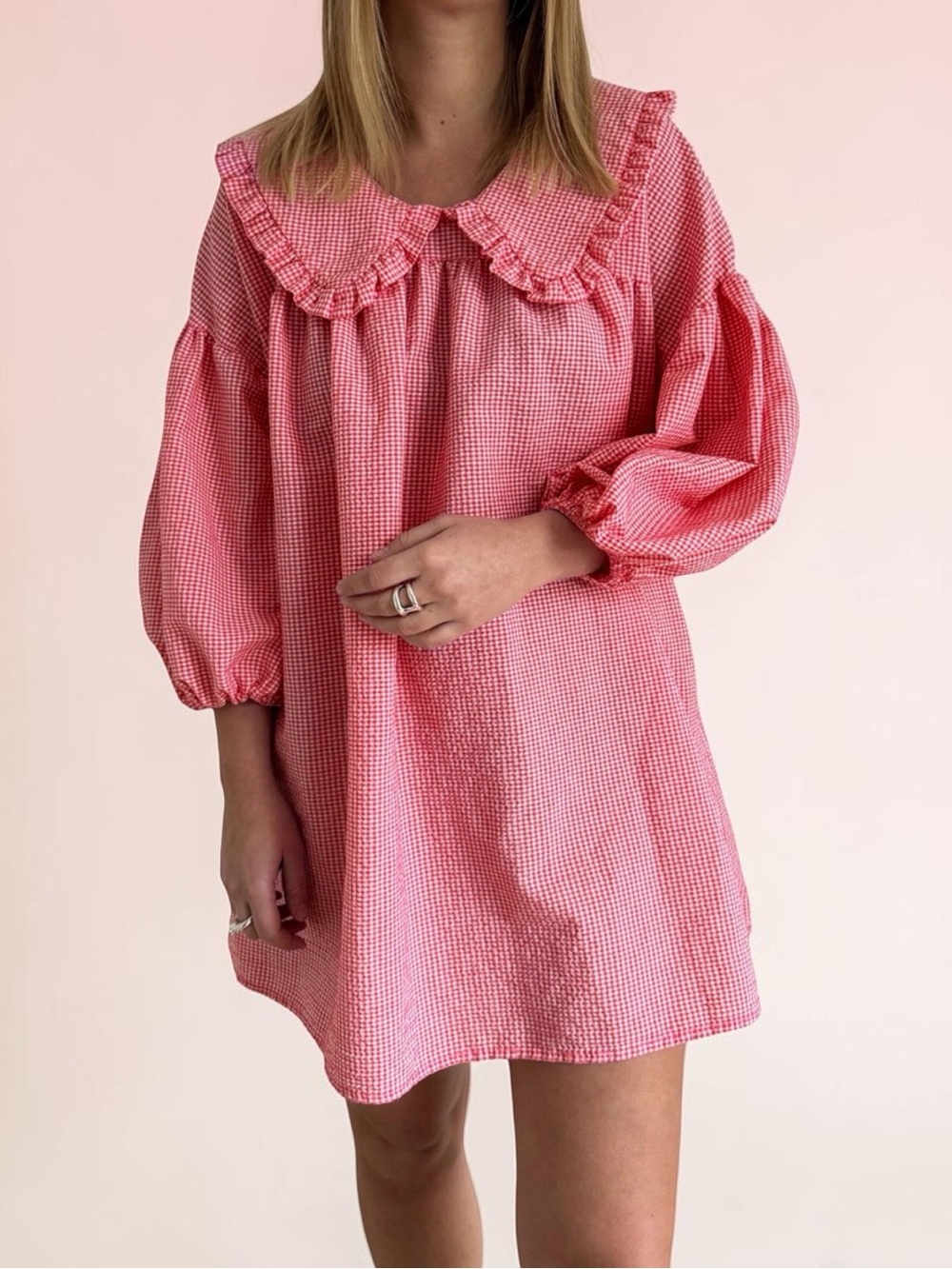 🌹NWT-Fashion Be Yourself Red Ruffle Plaid Puff Sleeve Doll Collar Babydoll Dress